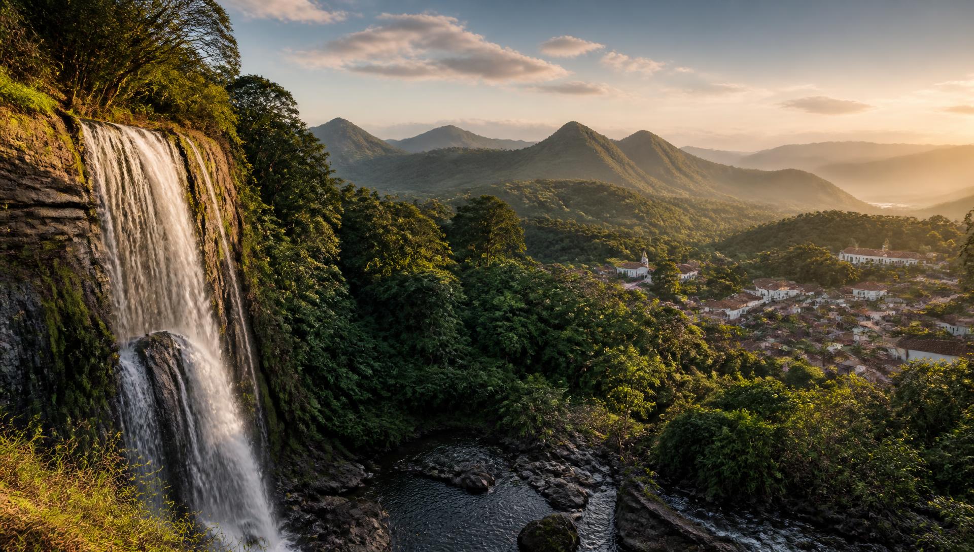 Paisagem de Cocais com cachoeira e montanhas